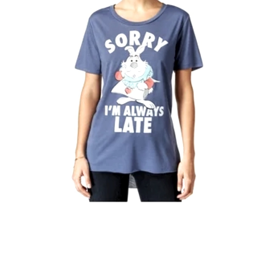 Disney T-Shirt Womens Size S Sorry I'M Always Late Alice In Wonderland Rabbit